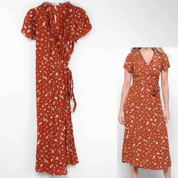 Madewell Dresses & Skirts - Madewell Ruffle Trim Wrap Midi Dress Ditzy Floral Rust Cream Size Large New